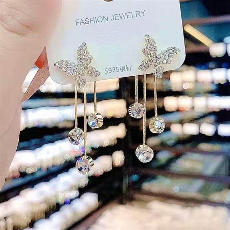 Fashion Jewelry Shiny Butterfly Rhinestone Drop Dangle Earrings Women Elegant Long Pearl Tassel Chain Pendant Party Jewelry - Velora