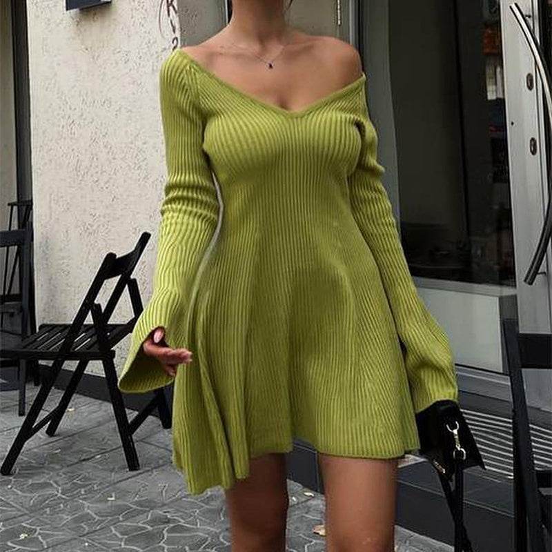 Sexy Slim V-Neck Long Sleeve Knitted Dress Fashion Tight High Elastic Ruffle A-Line Short Dresses Y2K Skirt Womens Clothing - Velora