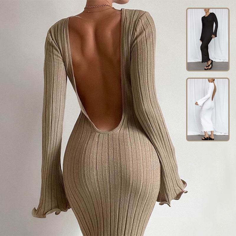 Fashion Slim Long-sleeved Ruffled Long Dress Sexy Hip-wrapped Back-less Knitted Maxi Dresses For Party Beach Womens Clothing - Velora
