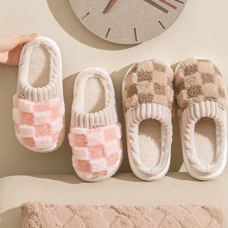 Plaid Plush Slippers Women's Indoor Plush Home Slippers Soft Sole Thick Non-Slip Warm House Shoes Couple Autumn And Winter - Velora