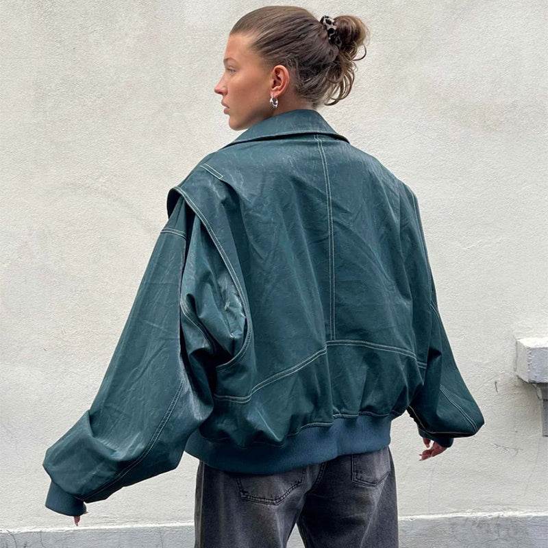 Loose Fashion Lapel Zip-up Jacket Cool Long Sleeve Zipper Closure Moto Biker Leather Jacket Womens Clothing - Velora