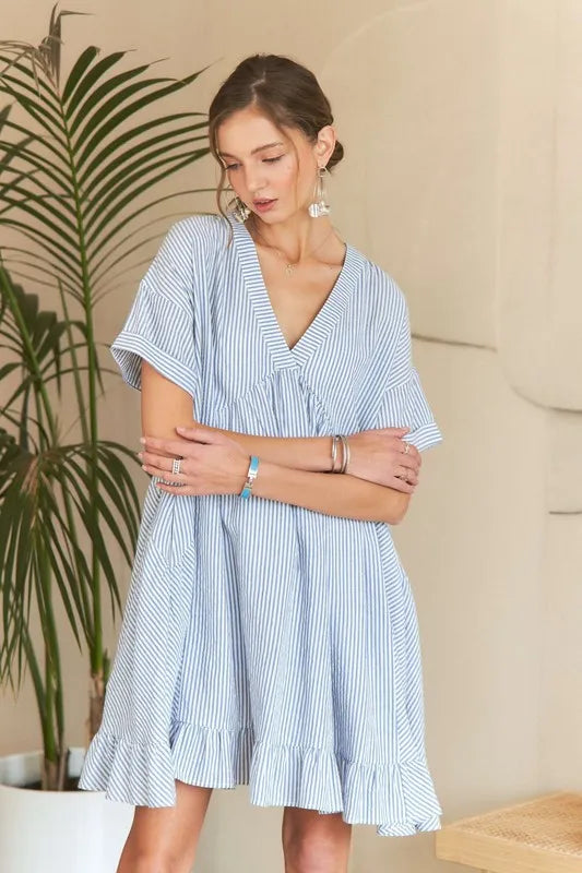 ADORA Ruffled Hem Striped V-Neck Babydoll Dress - Velora