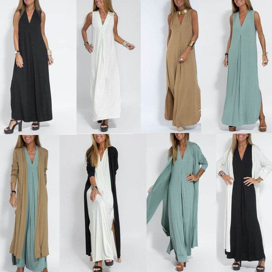 New Solid Color V-neck Sleeveless Dress Long Cardigan Jacket Suit For Women - Velora