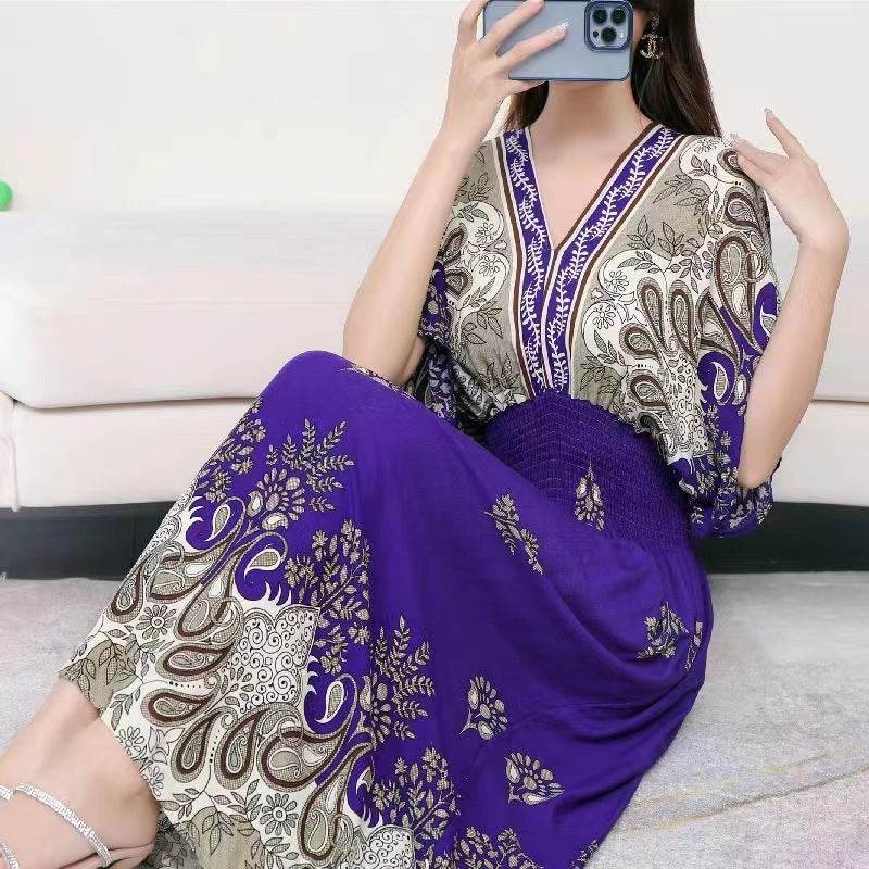 Cotton Silk Floral Dress Women's Summer Ethnic Style V-neck Short Sleeve Pastoral Style Skirt - Velora