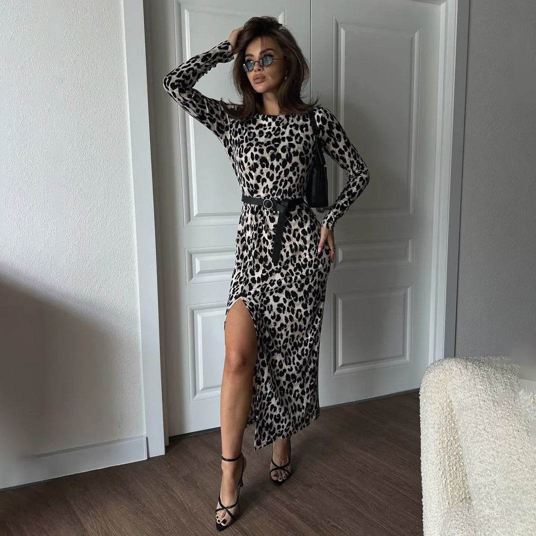 High Slit Leopard Print Dress Slim Fit Women - Velora