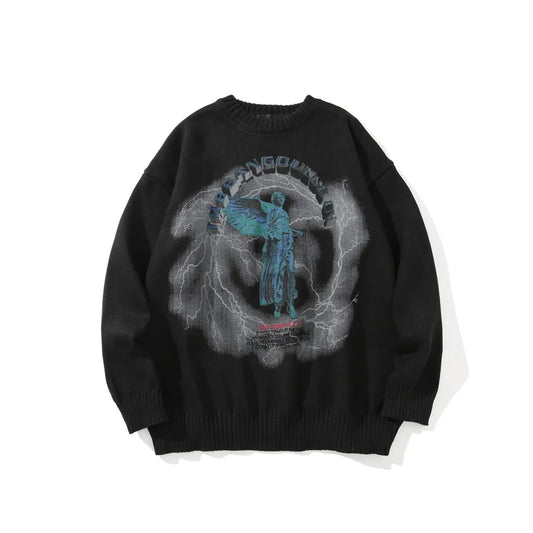 Men's Gothic Angel Wings Embroidered Knit Sweater - Velora