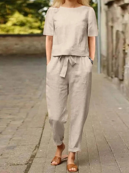 Full Size Round Neck Short Sleeve Top and Pants Set Plus Size - Velora