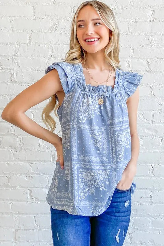 And The Why Boho Print Rayon Linen Ruffle Baby Doll Tank Top - Velora
