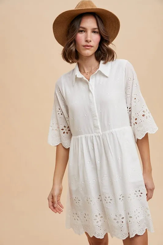 Annie Wear Embroidered Scallop Edge Detail Mini Shirt Dress - Velora Luxury Fashion