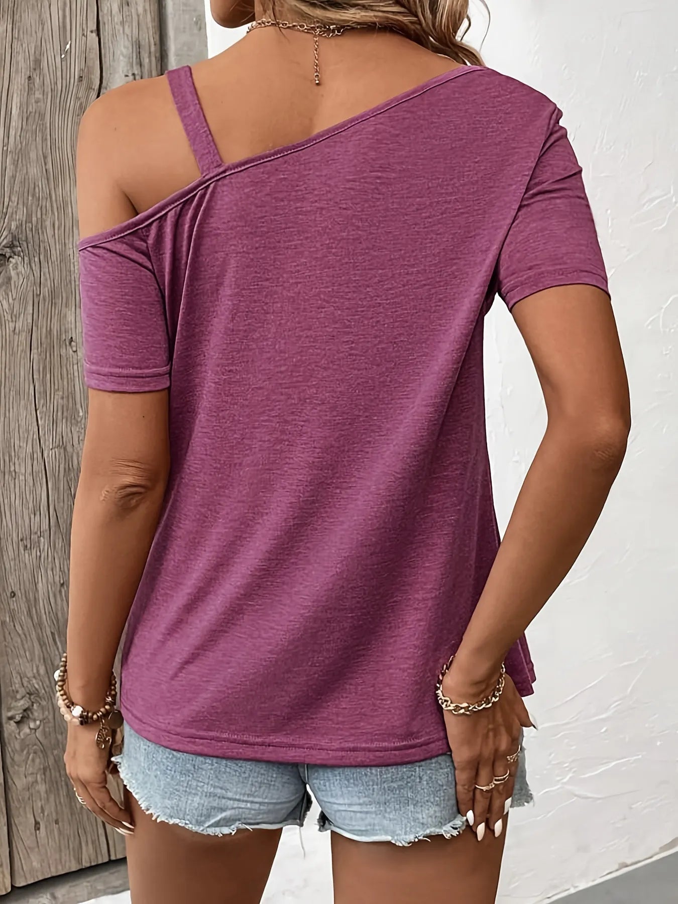 Asymmetric Shoulder T-Shirt with Metal Buckle Detail - Velora Luxury Fashion