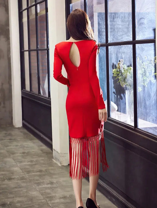 Autumn Dress – Slim Midi V-Neck Cotton Blend Dress with Tassels - Velora