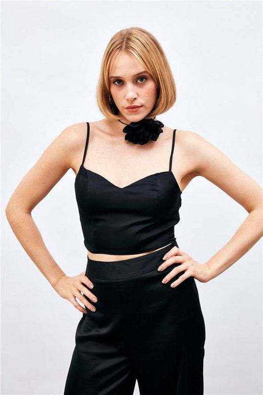 (Basic) Satin Crop Top with String Straps - Black - Velora Luxury Fashion
