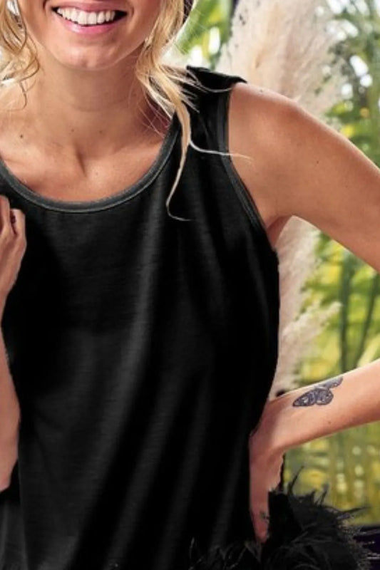 BiBi French Terry Faux Feather Bottom Back Tied Top - Velora Luxury Fashion