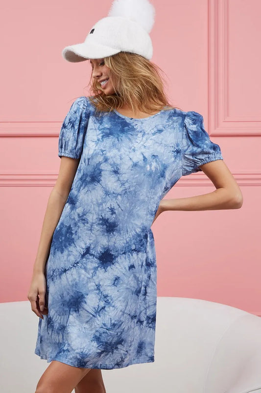 BiBi Puff Sleeve With Side Pockets Tie Dye Dress - Velora Luxury Fashion