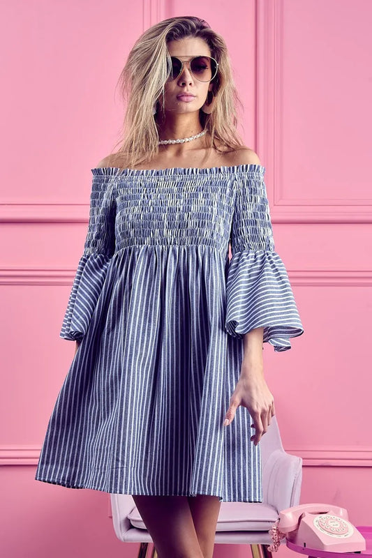 BiBi Smocked Off Shoulder Striped Dress - Velora Luxury Fashion