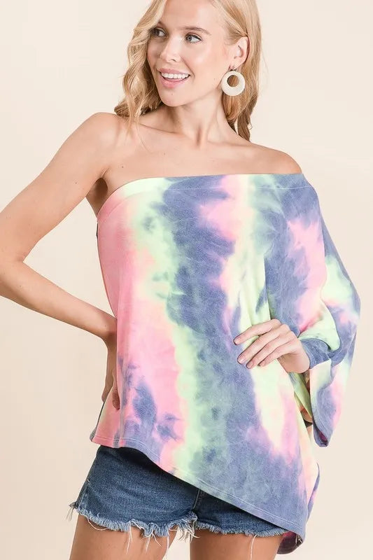 BiBi Tie Dye French Terry One Shoulder Top with Dolman - Velora Luxury Fashion