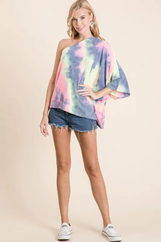 BiBi Tie Dye French Terry One Shoulder Top with Dolman - Velora Luxury Fashion