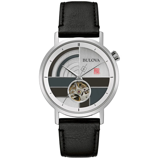 Bulova Frank Lloyd Wright December Gifts Stainless Steel 3-Hand Automatic Watch Black Leather Strap and Open Aperture Dial Style: 96A248 - Velora Luxury Fashion