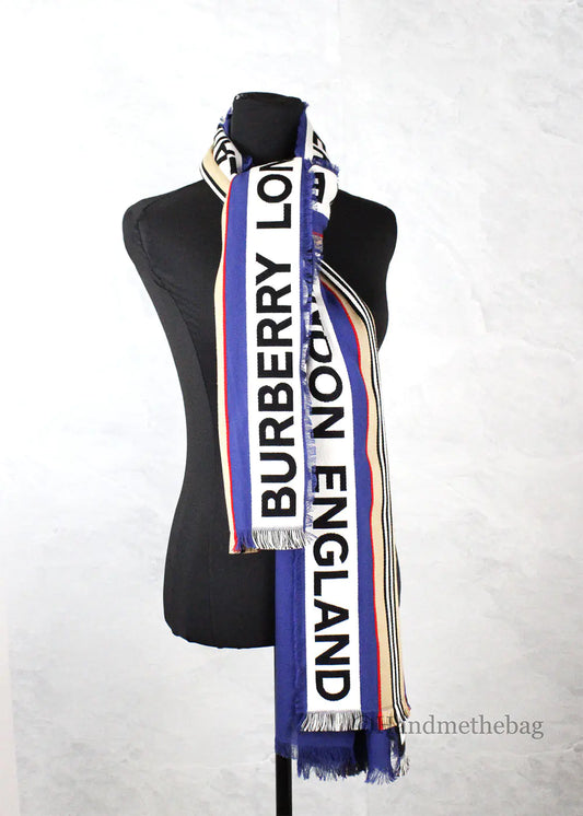 Burberry Ribbon Denim Blue England Heritage Stripe Cotton Scarf - Velora Luxury Fashion