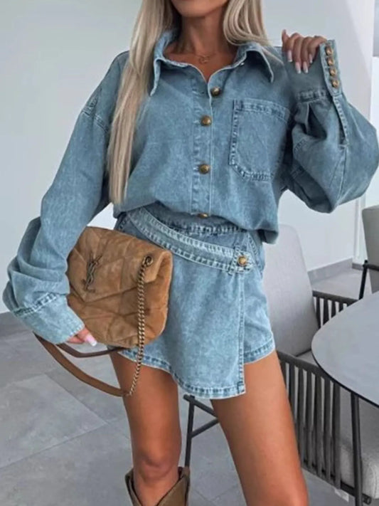 Button-Front Shirt and Mini Skirt Oversized Denim Set - Velora Luxury Fashion