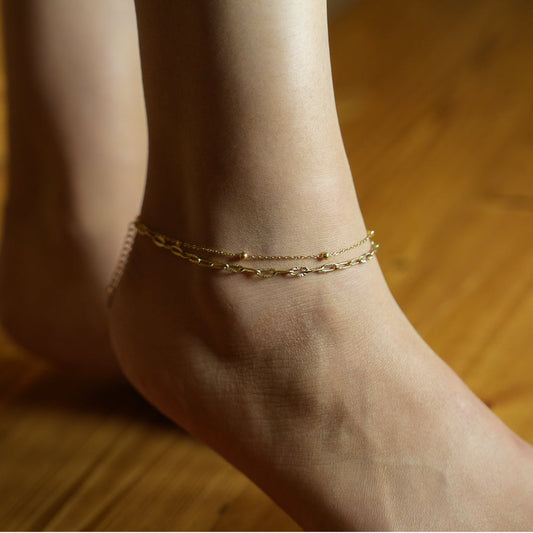 CASTILIA LG Gold Anklet: Double Stacked Paper Clip Chain & Beaded Chain - Dazzle in Duality - Velora Luxury Fashion