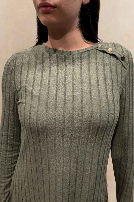 Camila Green Ribbed Knit A-Line Dress Decorative Shoulder Button Detail - Velora Luxury Fashion