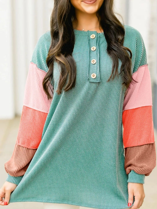 Color Block Ribbed Knit Henley Sweatshirt - Velora Luxury Fashion