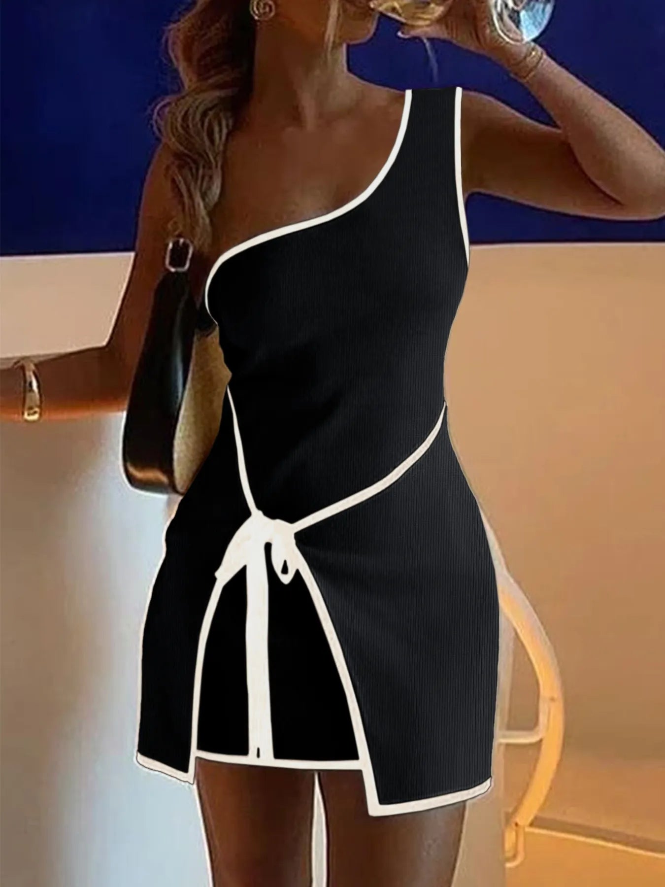 Contrast Trim Single Shoulder Mini Dress - Velora Luxury Fashion