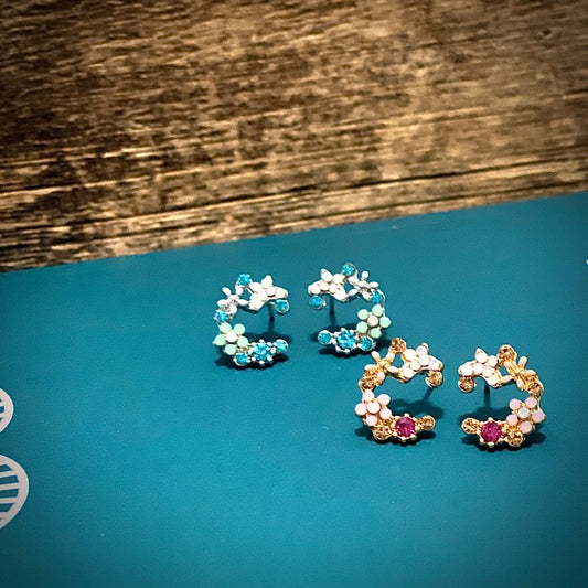 Crescent Bloom Stud Earrings – Floral Halo Design - Sparkle - Velora Luxury Fashion