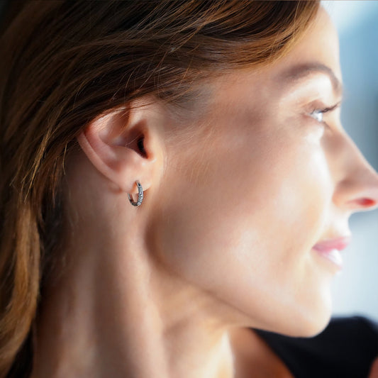 DARCI: Pavé Zirconia Gemstone Embedded Classic Mini Hoop in Silver - Velora Luxury Fashion