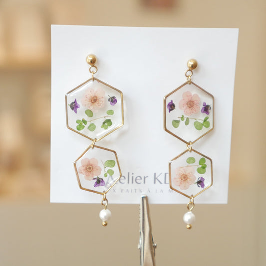 Boucles dβoreilles ChloΓ© rose - trio hexa - Velora