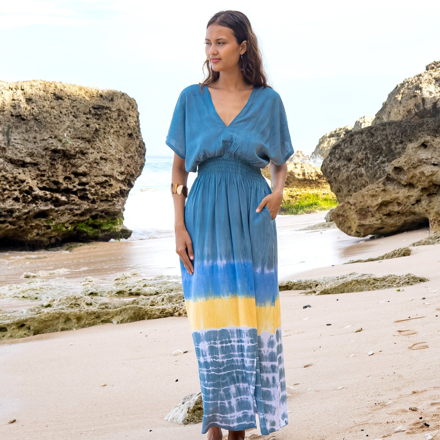 Beach Stripe & Tie Dye Maxi Dress In Grey