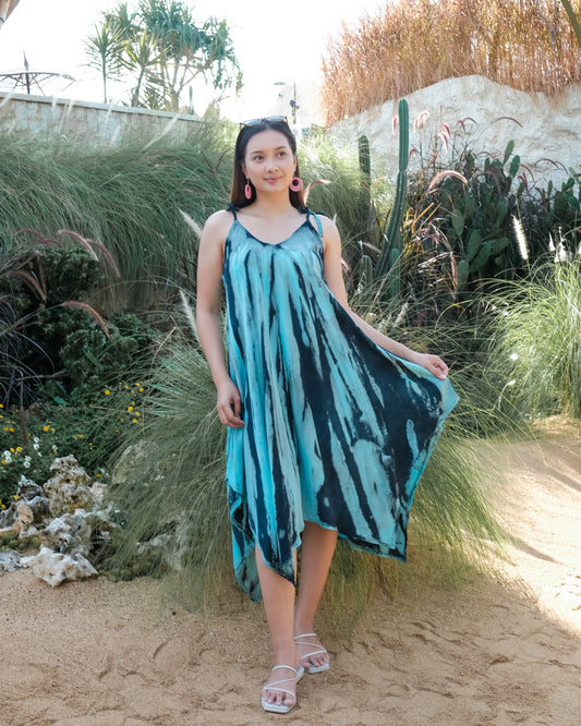 Abstract Tie Dye Handkerchief Dress - Blue