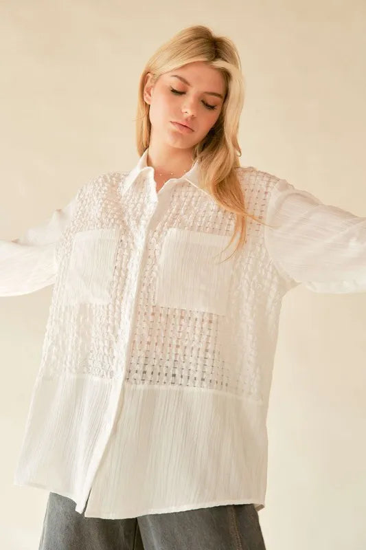 Davi & Dani Crinkled Jacquard Button Down Shirt - Velora Luxury Fashion