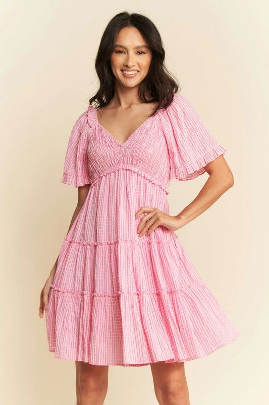 Davi & Dani Jacquard Checker Smocking Tiered Dress - Velora Luxury Fashion