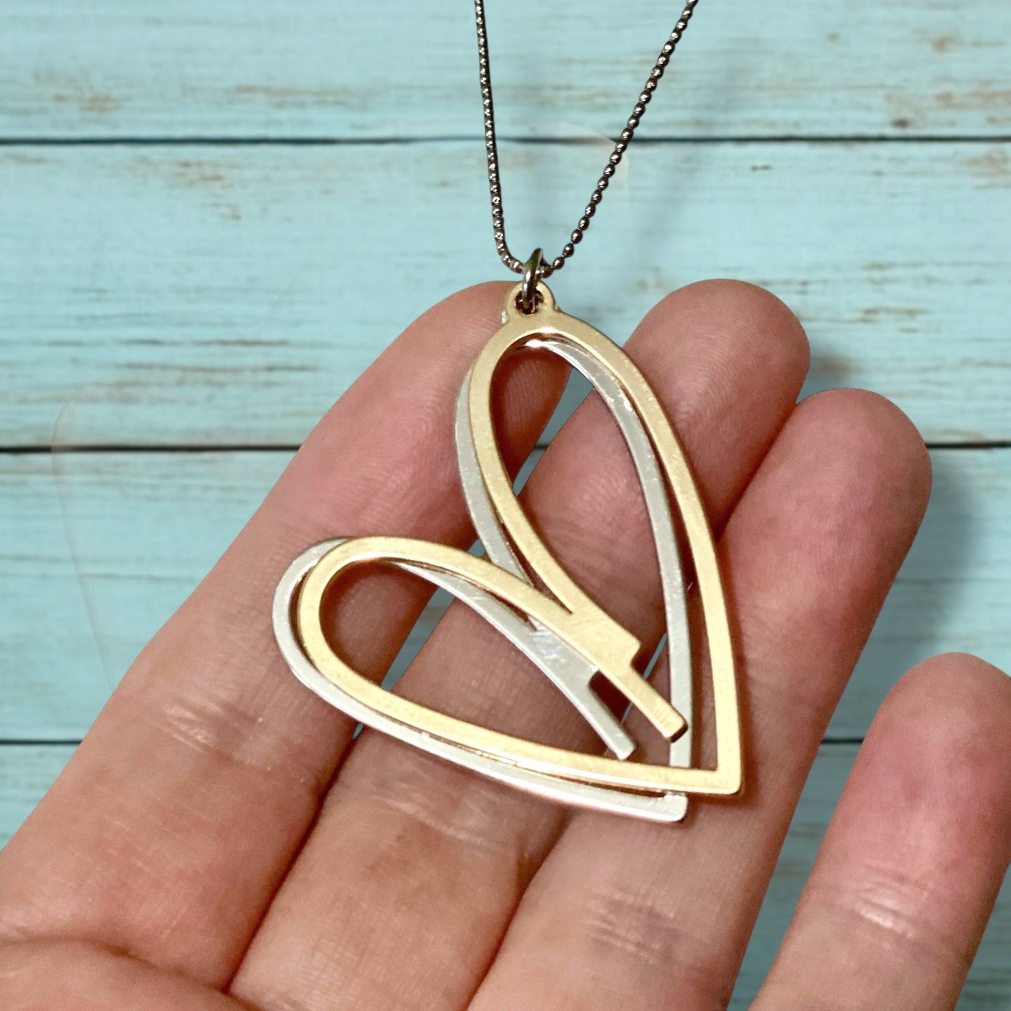 Double Heart Necklace – Long, Mixed Metals, Rose Gold & Silver Pendant - Velora Luxury Fashion