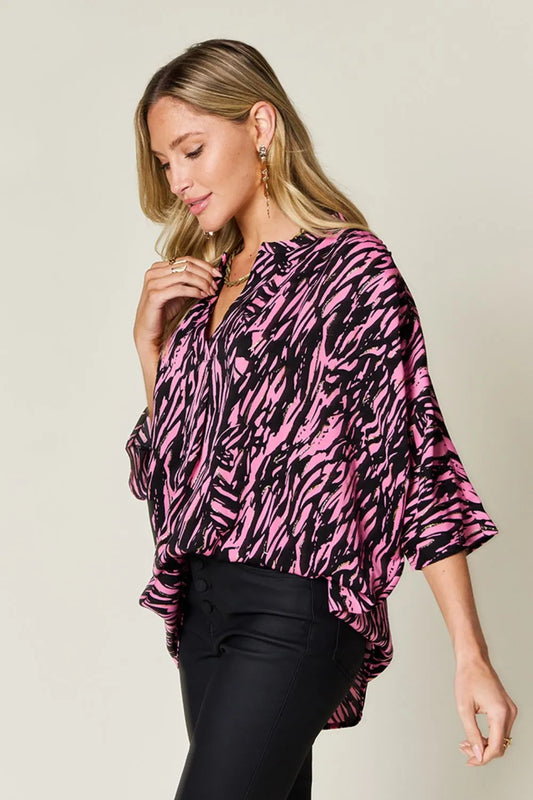 Double Take Full Size Printed Notched Three-Quarter Sleeve Blouse - Velora Luxury Fashion