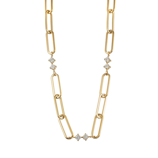 ELOPPINA Gold Necklace: Paper Clip Chain with Zirconia Accents & a Freshwater Pearl Charm - Velora Luxury Fashion