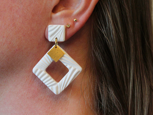 EMERY Earrings. Textured White, Polymer Clay statement Earrings with brass Dangles - Velora Luxury Fashion