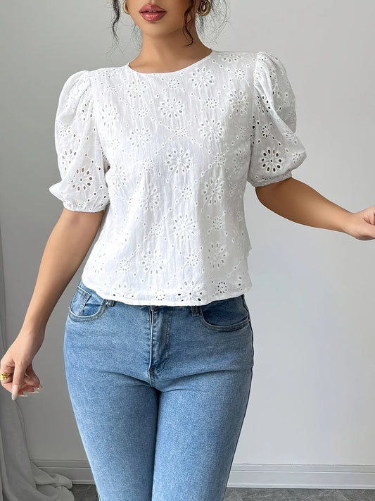 Eyelet Embroidered Puff Sleeve Tie-Back Blouse - Velora Luxury Fashion