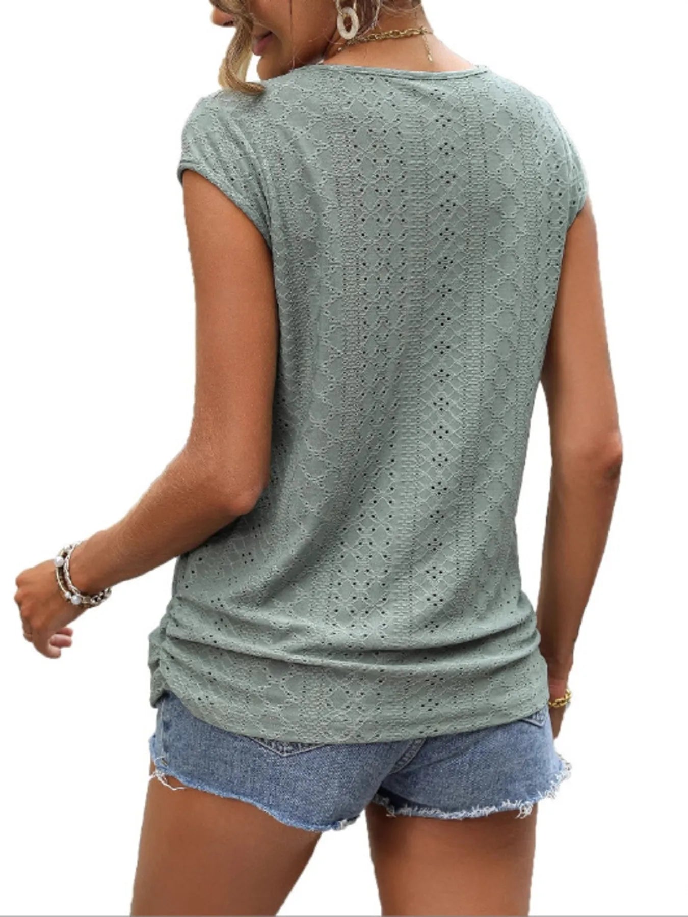 Eyelet V-Neck Cap Sleeve T-Shirt - Velora Luxury Fashion