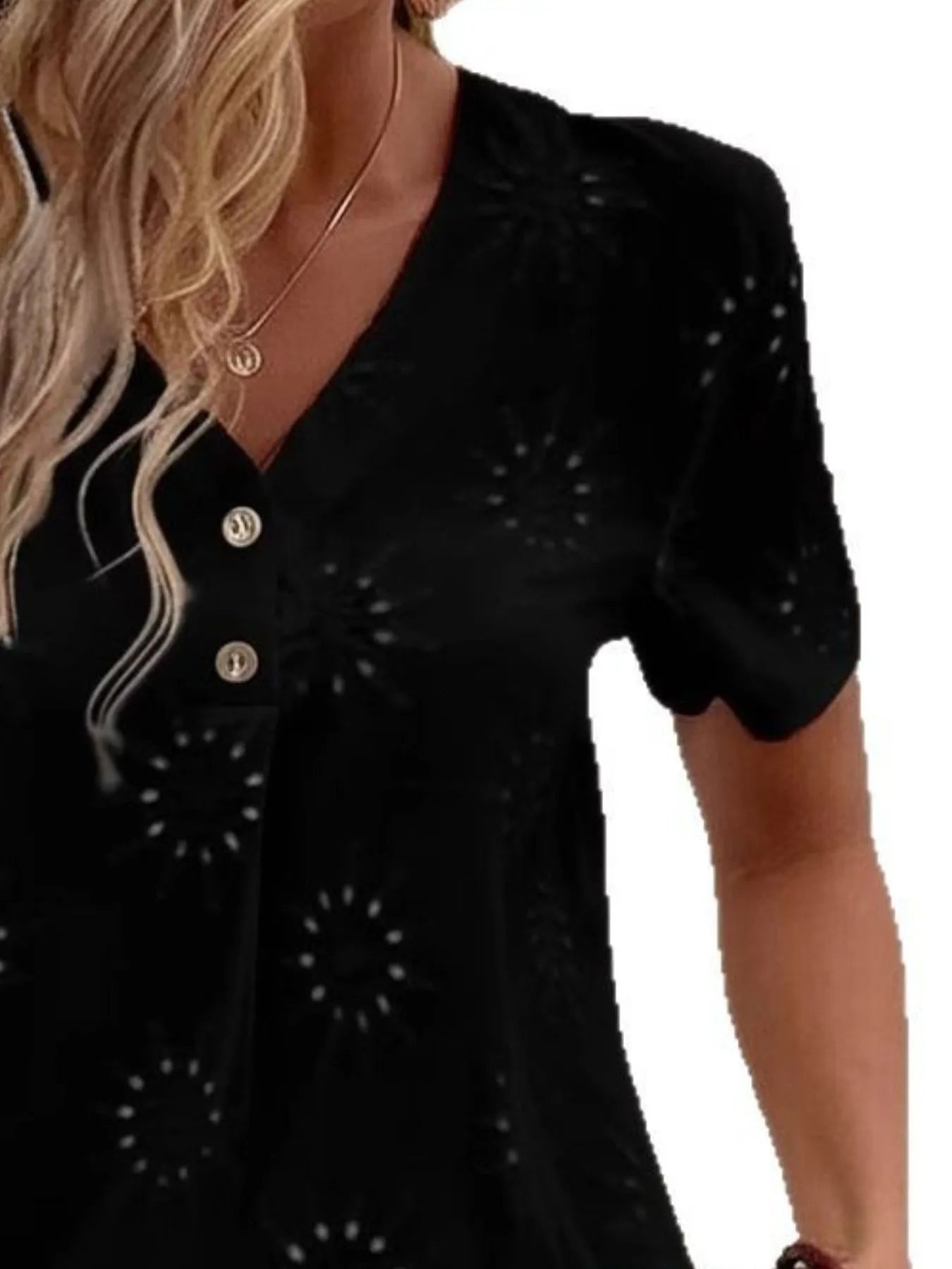 Eyelet V-Neck Short Sleeve Top - Velora Luxury Fashion