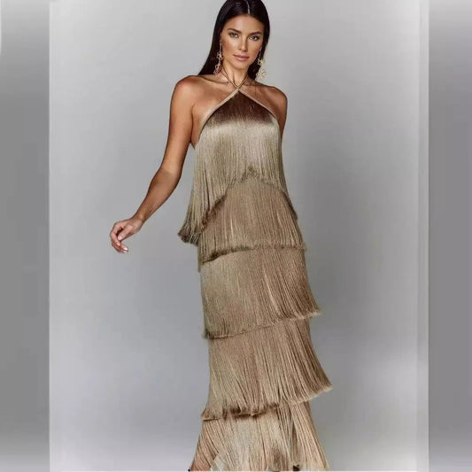 Fashion Halter Backless Sleeveless Tassel fringe Dress