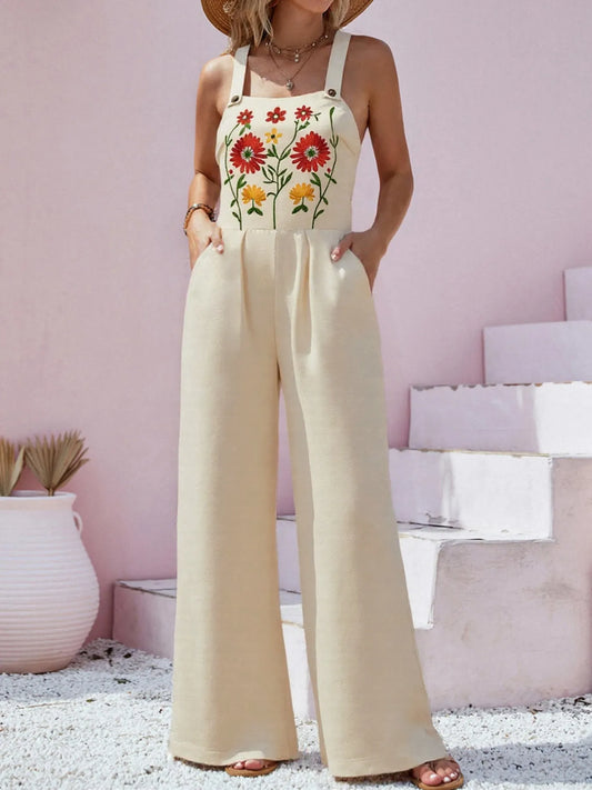 Floral Embroidered Wide Leg Jumpsuit - Velora Luxury Fashion