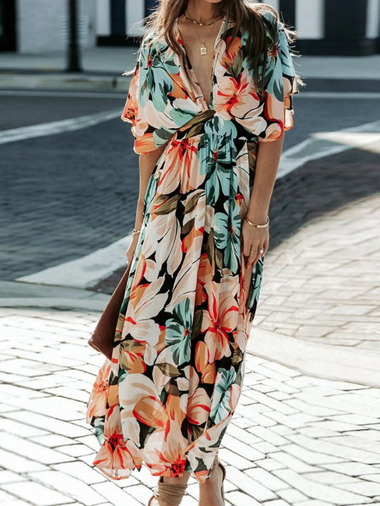 Floral Plunge Half Sleeve Dress - Velora Luxury Fashion