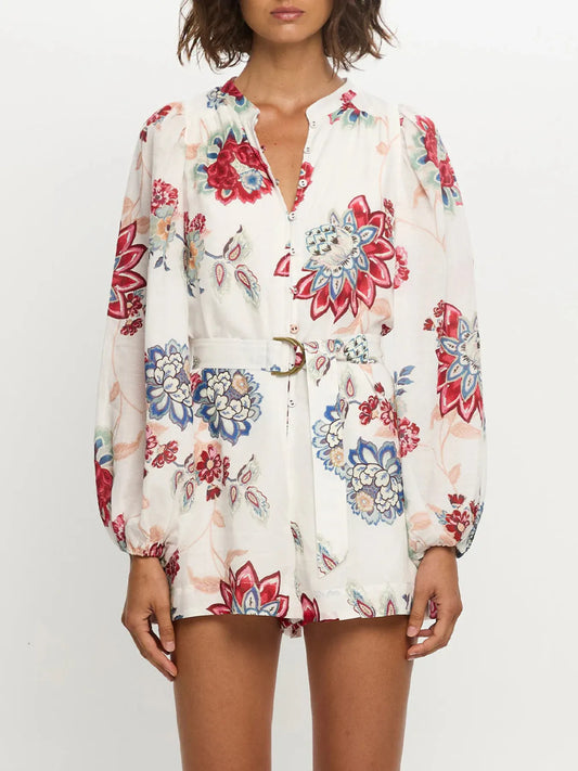 Floral Print Long Sleeve Romper - Velora Luxury Fashion