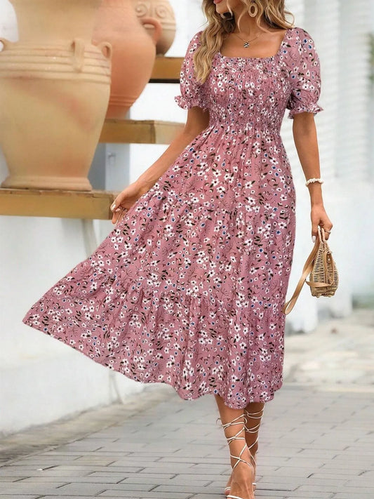 Floral Print Puff Sleeve Tiered Midi Dress - Velora Luxury Fashion