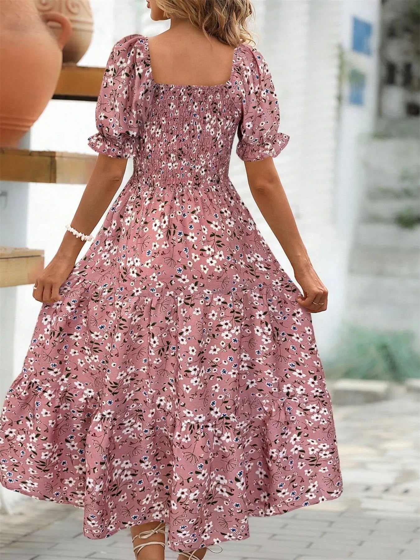 Floral Print Puff Sleeve Tiered Midi Dress - Velora Luxury Fashion