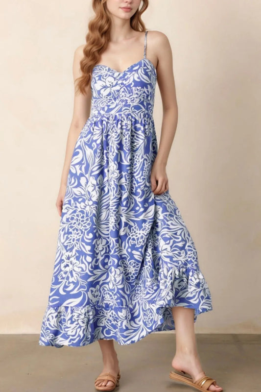 Floral Print Spaghetti Strap High Waist Dress - Velora