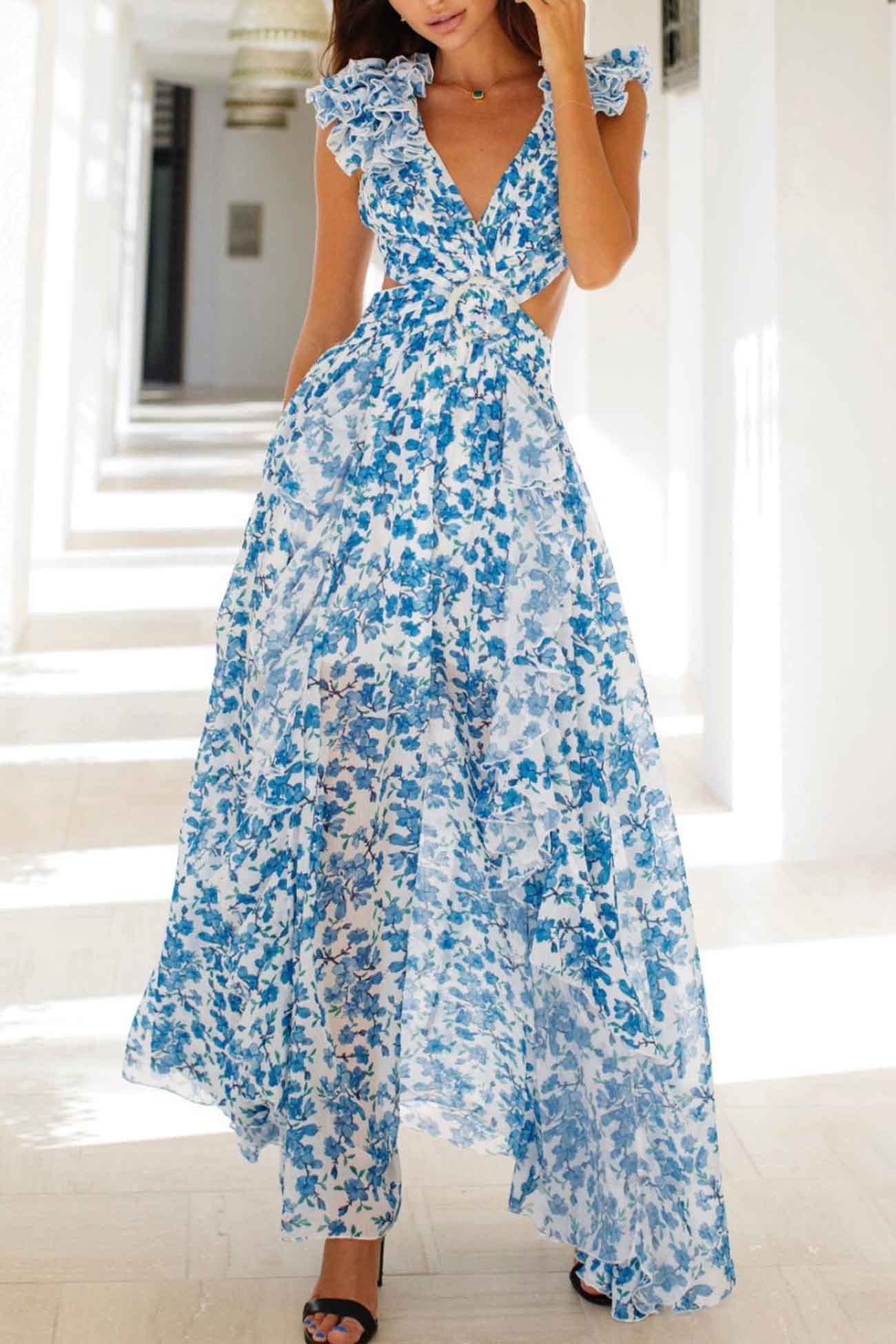 Women’s Deep V-Neck Ruffled Sleeve Cut-Out Waist High Slit Skirt Maxi Dress - Velora